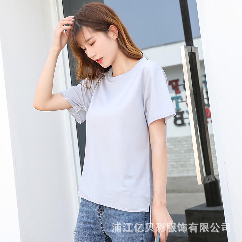 夏季女士T恤 韩版纯色亮丝短袖凉凉装冰丝女装白底实物图