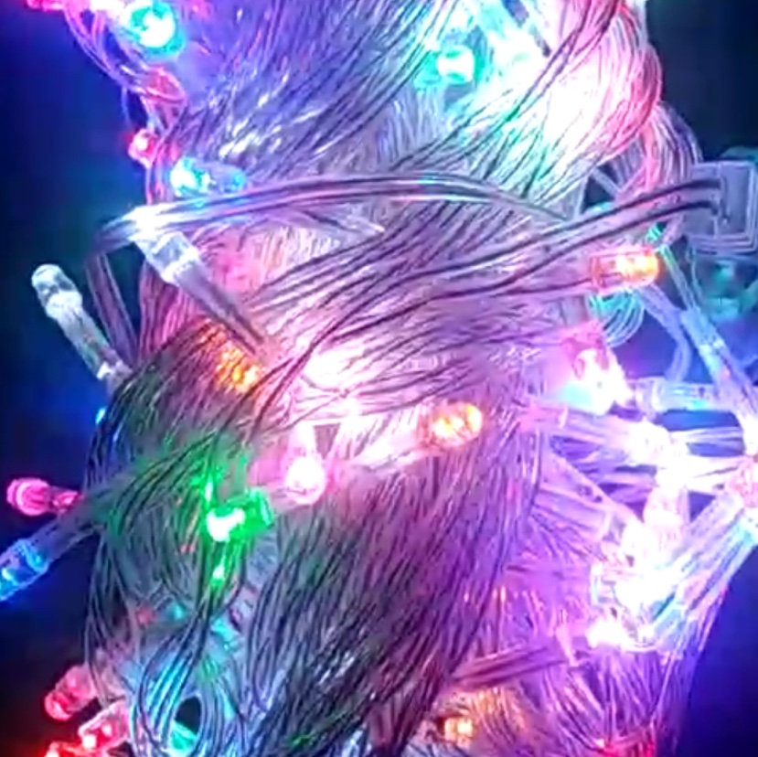 Led lights, small colored lights, and string lights decorate the room