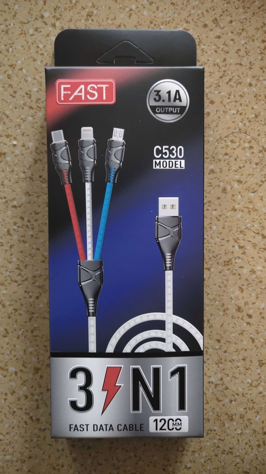 The 2A 80-wire one-to-three mobile phone charging cable is suitable for various mobile phone models such as Apple, TPC, Android and Huawei Specification image