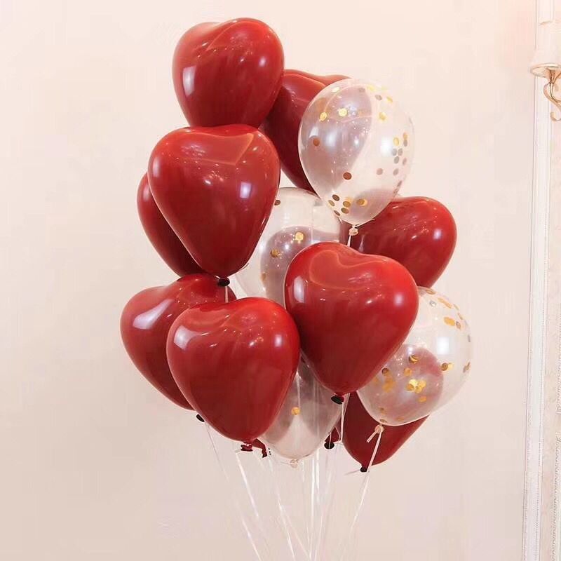 10 single-layer balloons of 2.2g matte ruby red heart-shaped garnet red with sequins for party decoration
