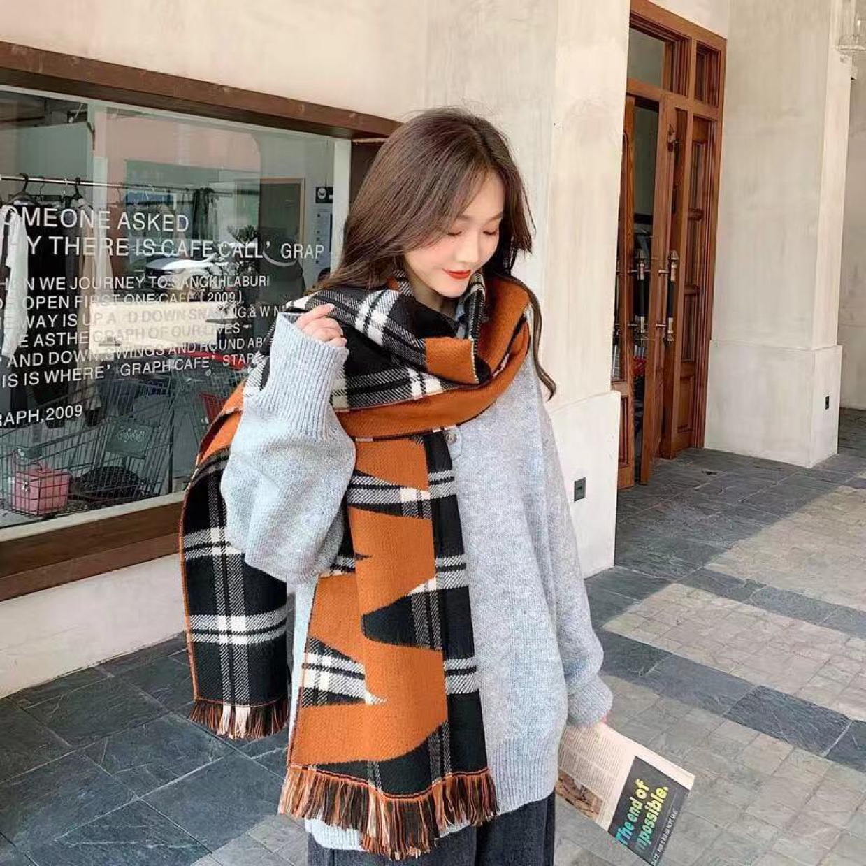 Autumn Winter 2020 Korean Fashion Letter Pattern Printed Shawls Fashion Fringe Long Warm Scarf Women undefined