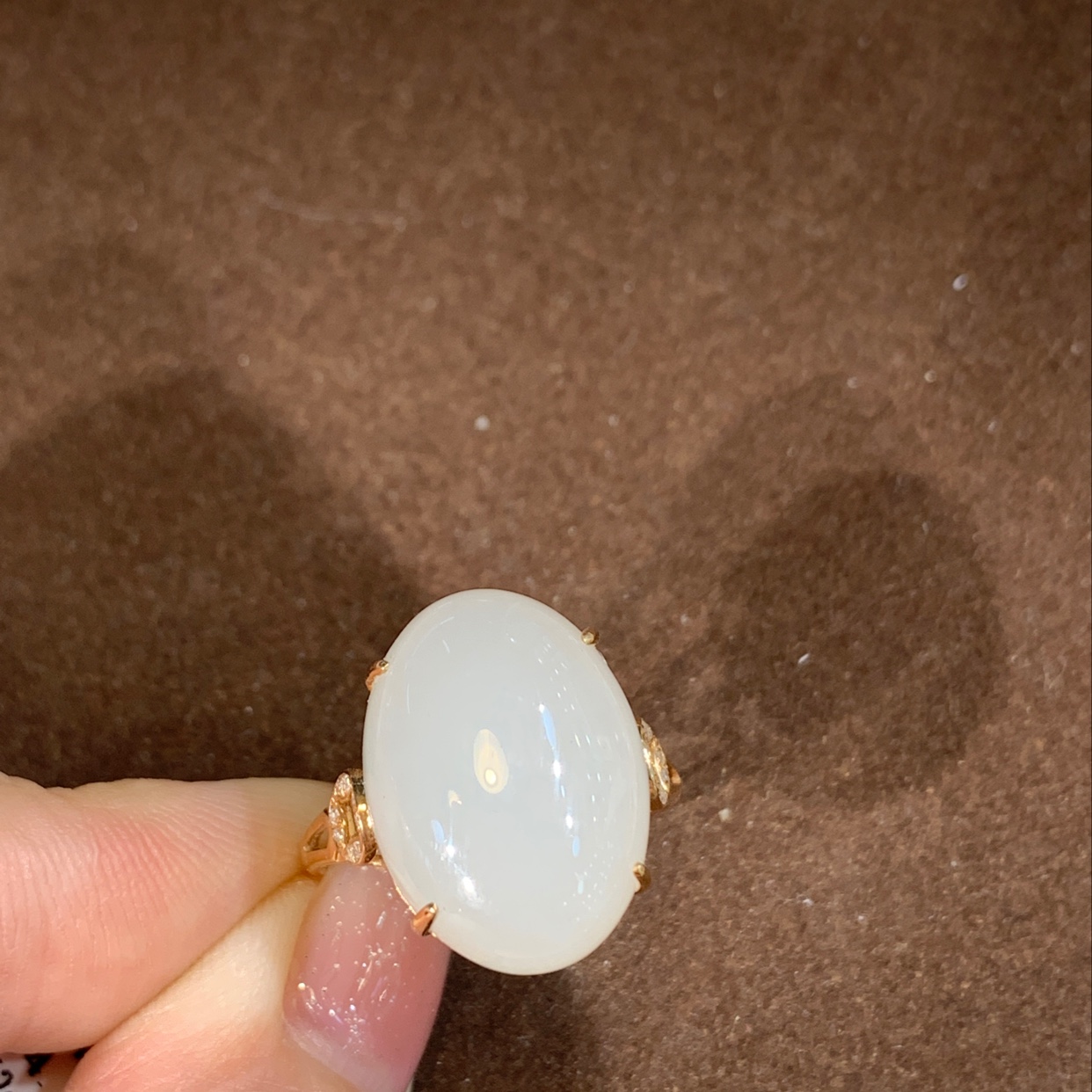 Natural Hetian white jade 18K rose gold diamond ring thumbnail