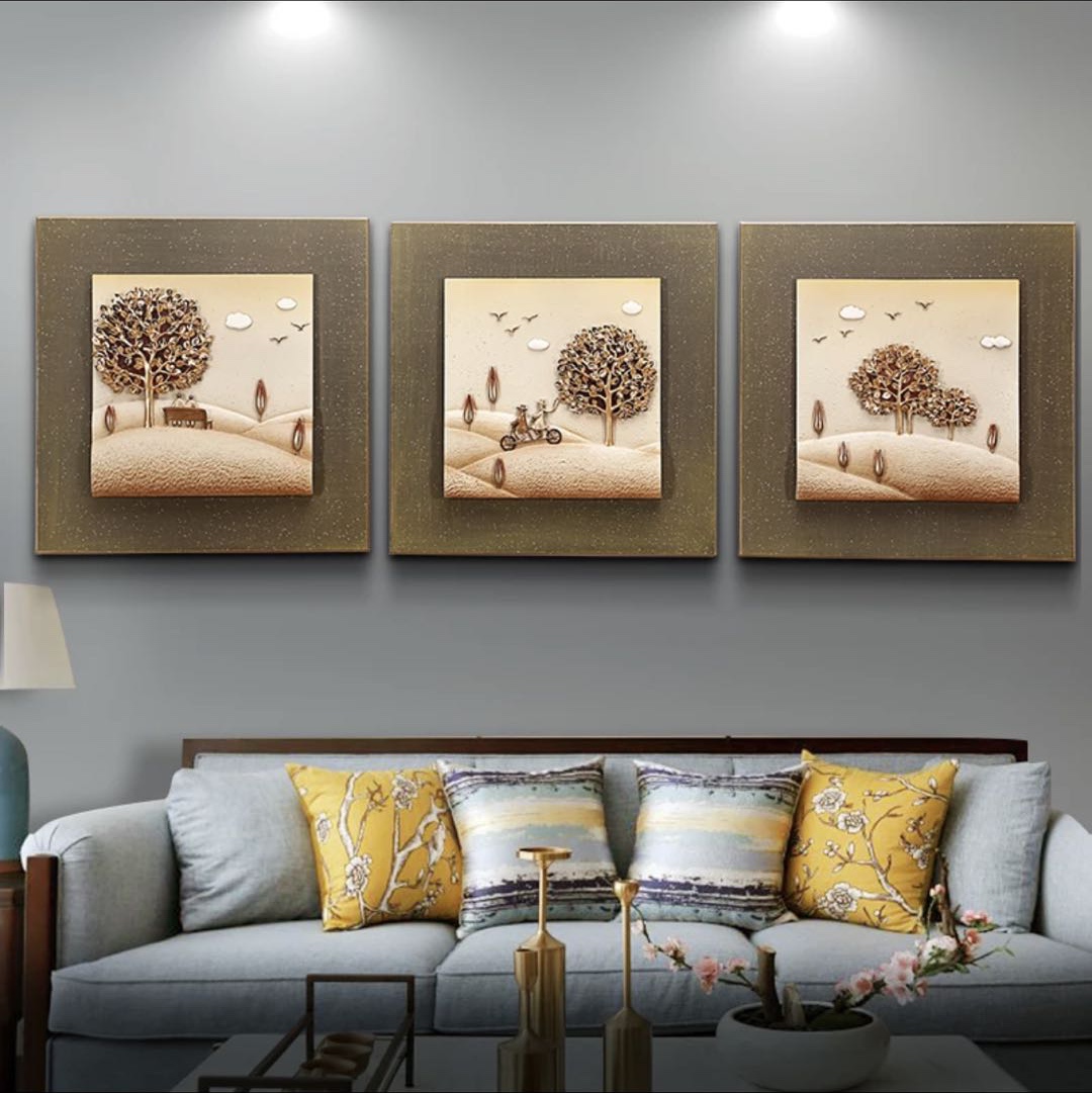 现代北欧简约浮雕装饰画 沙发背景三联套画白底实物图