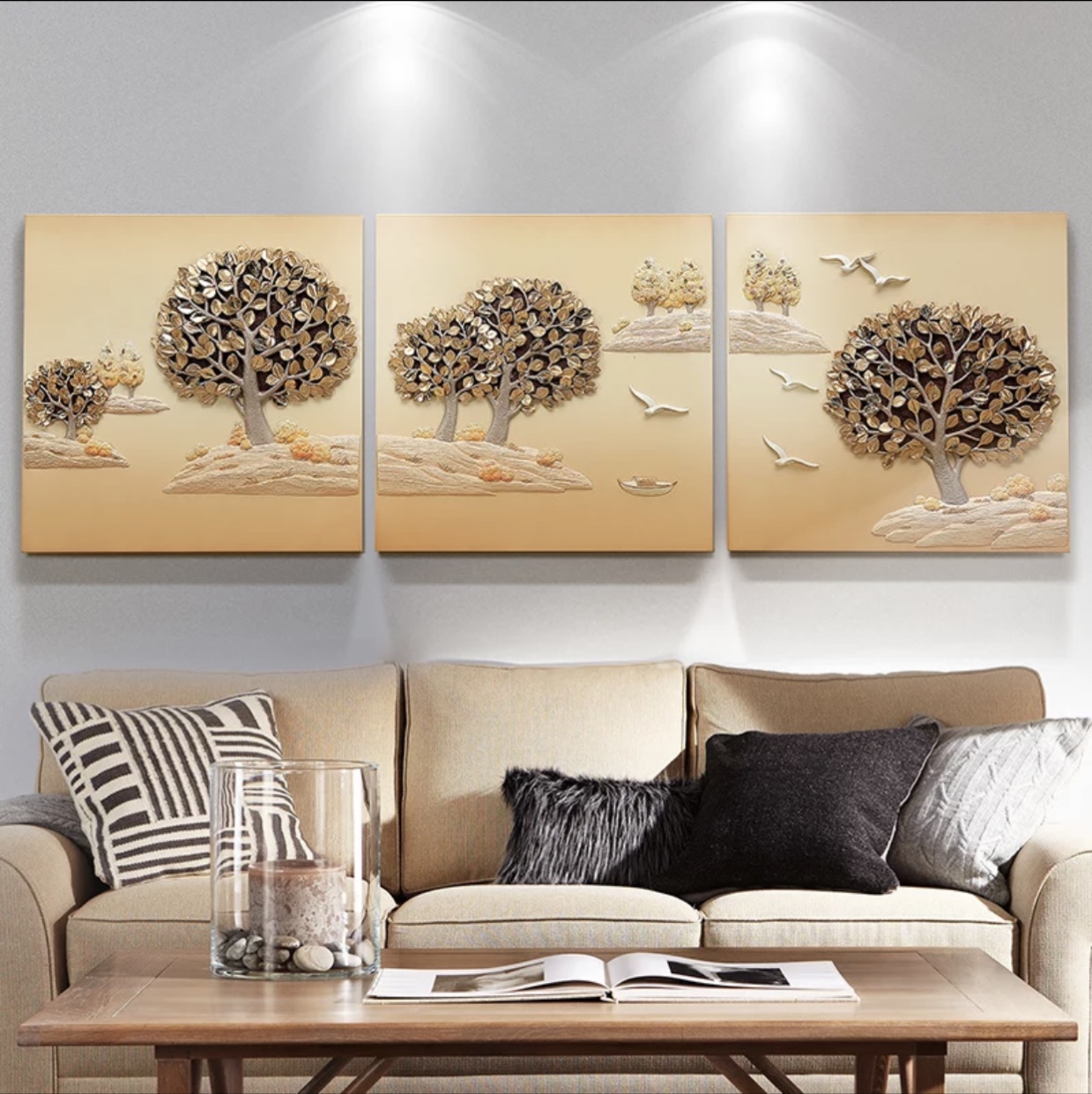 现代北欧简约浮雕装饰画 沙发背景三联套画