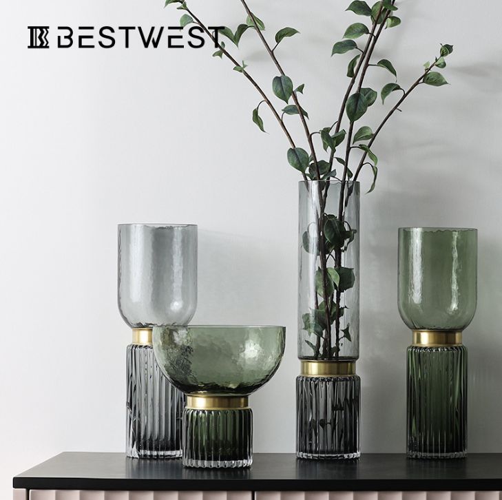 义乌好货 新款北欧风灰蓝绿色铜环玻璃花瓶 软装饰品水培花瓶产品图