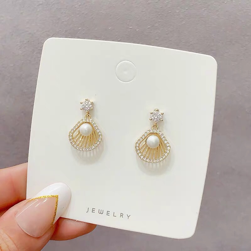 小贝壳珍珠微镶银针耳环泊米诗-