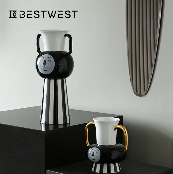 义乌好货 黑白纹双耳手柄陶瓷花瓶 酒店别墅客厅创意花瓶