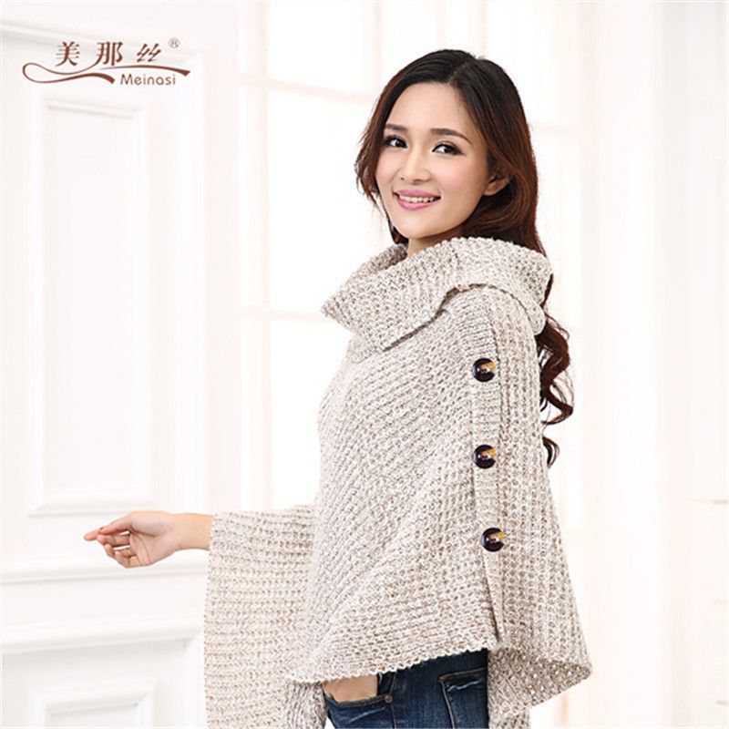 2020 new European and American women autumn and winter decoration warm turtleneck cape cape plaid knit cape thumbnail