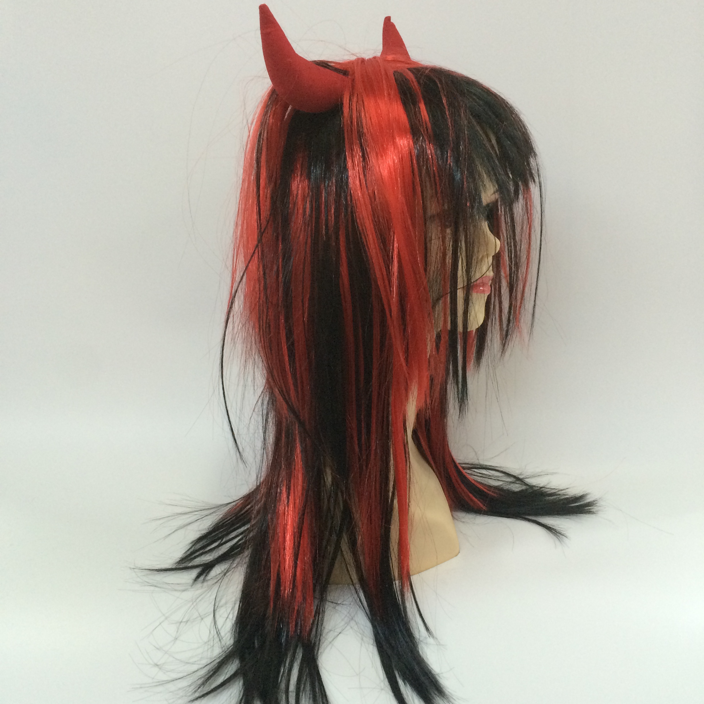 Halloween two-color long straight hair wig with horns detail image 2