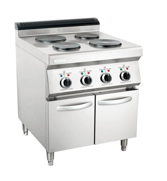 Four-head electric cooking stove with a cabinet (round) for cooking soup in a large hotel kitchen saucepan