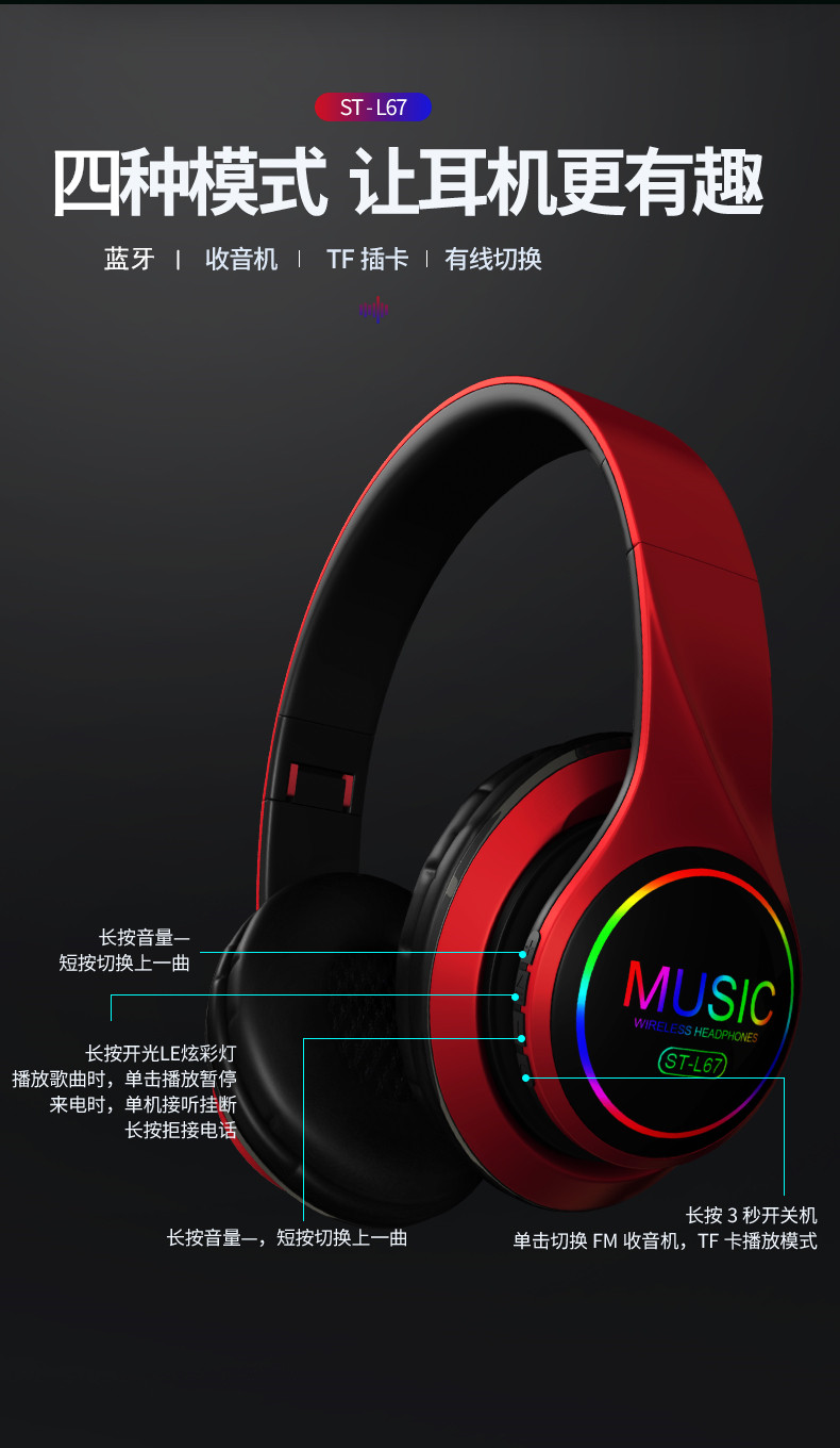 七彩发光无线头戴式蓝牙耳机重低音可插卡游戏语音耳麦工厂直销详情图9