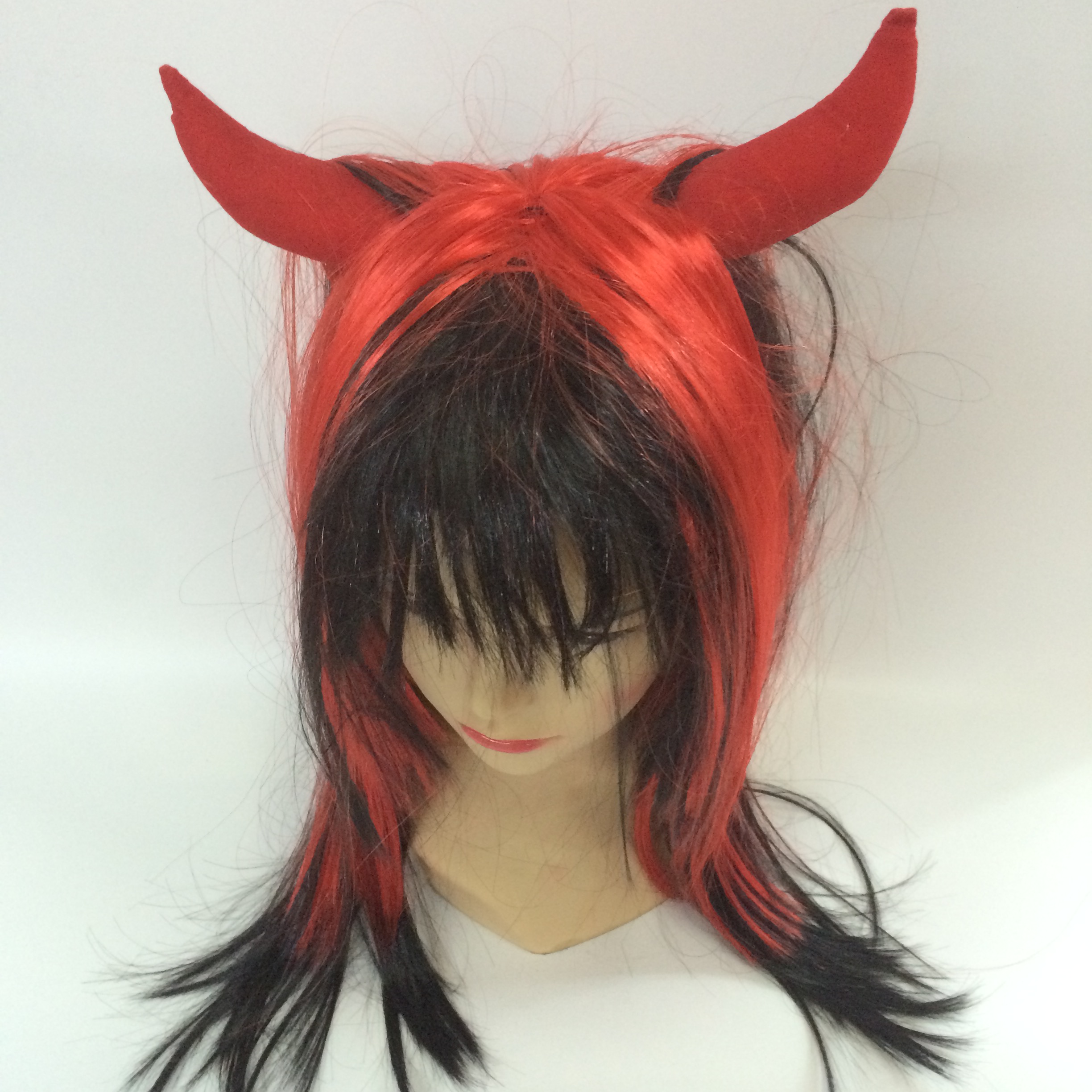 Halloween two-color long straight hair wig with horns detail image 1