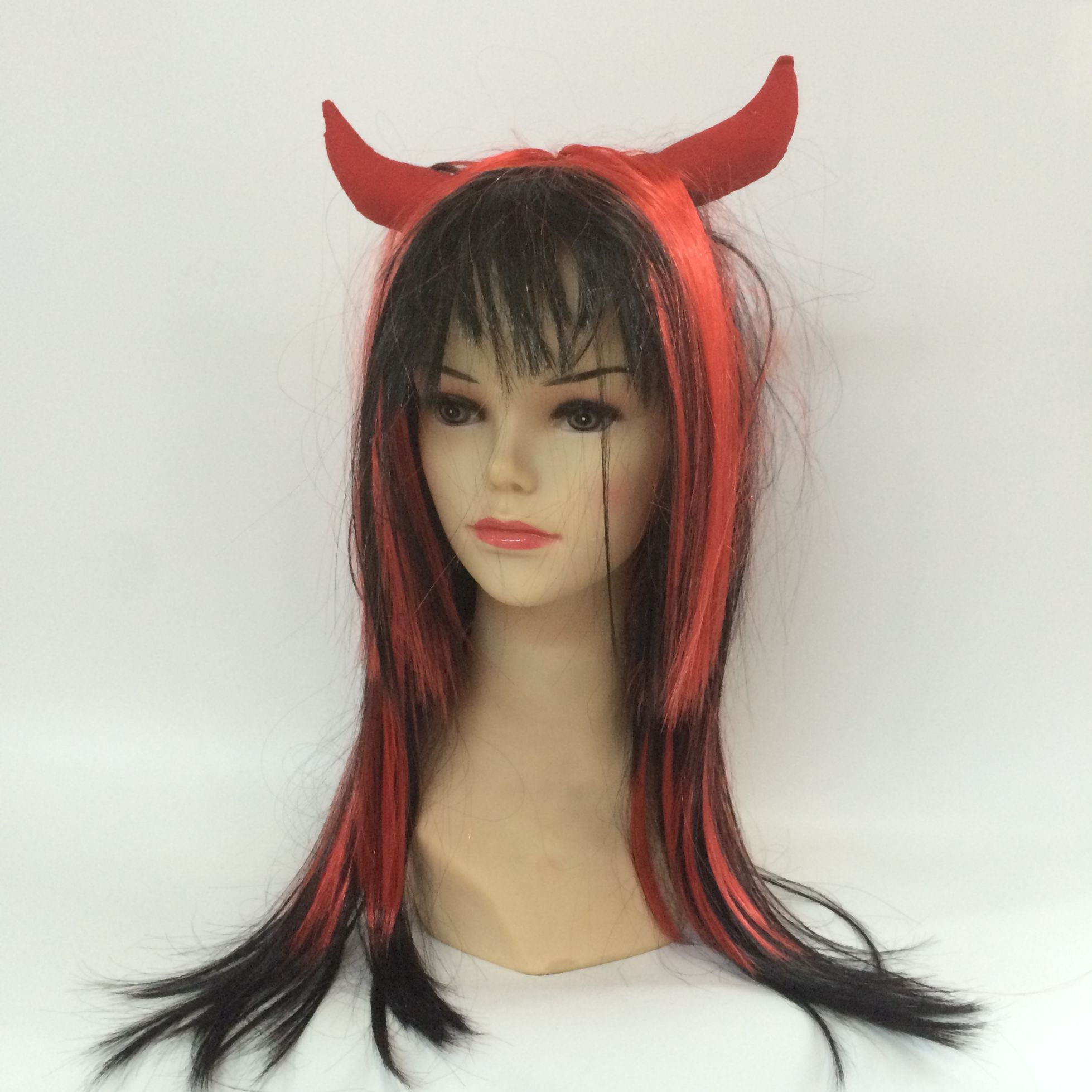 Halloween two-color long straight hair wig with horns