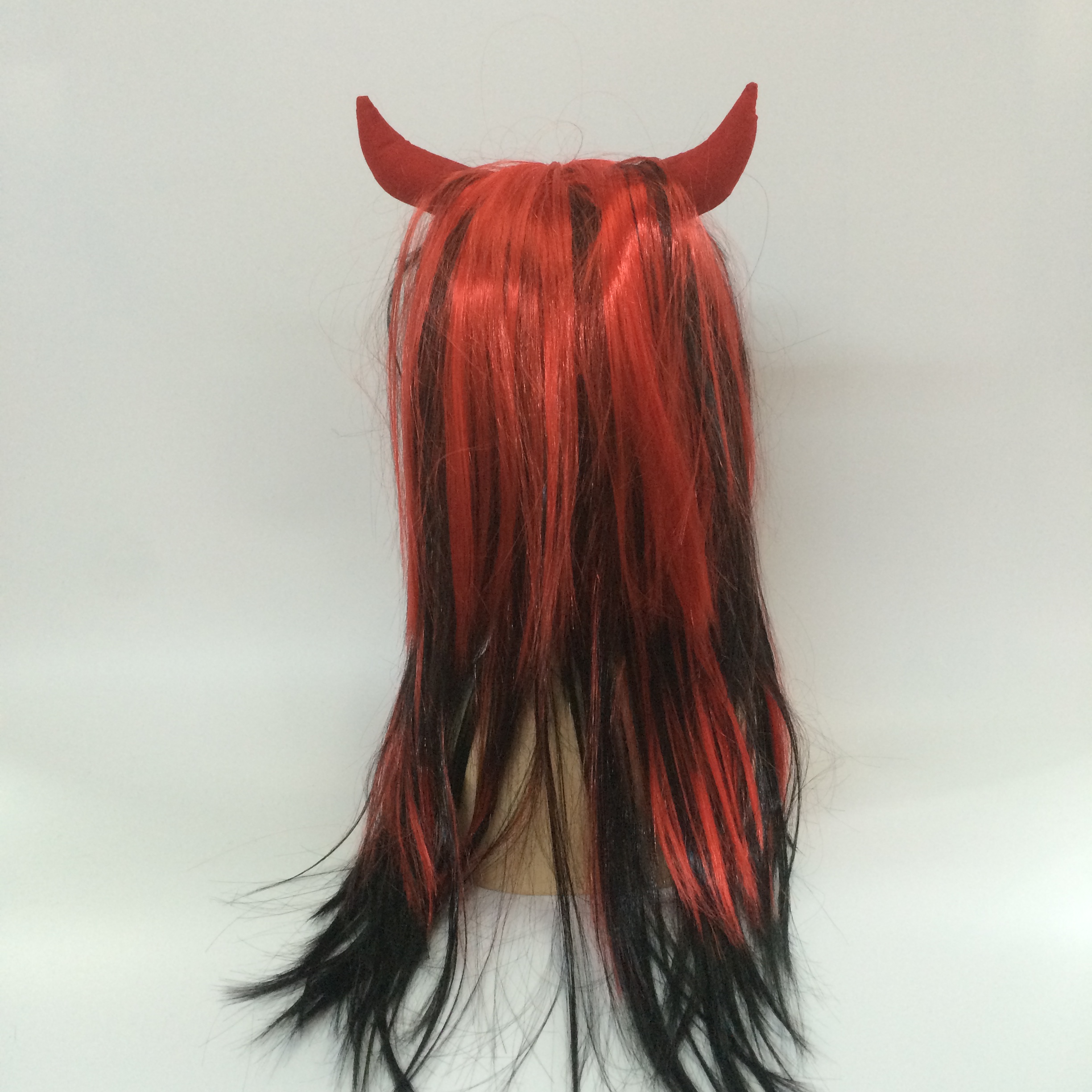 Halloween two-color long straight hair wig with horns detail image 3