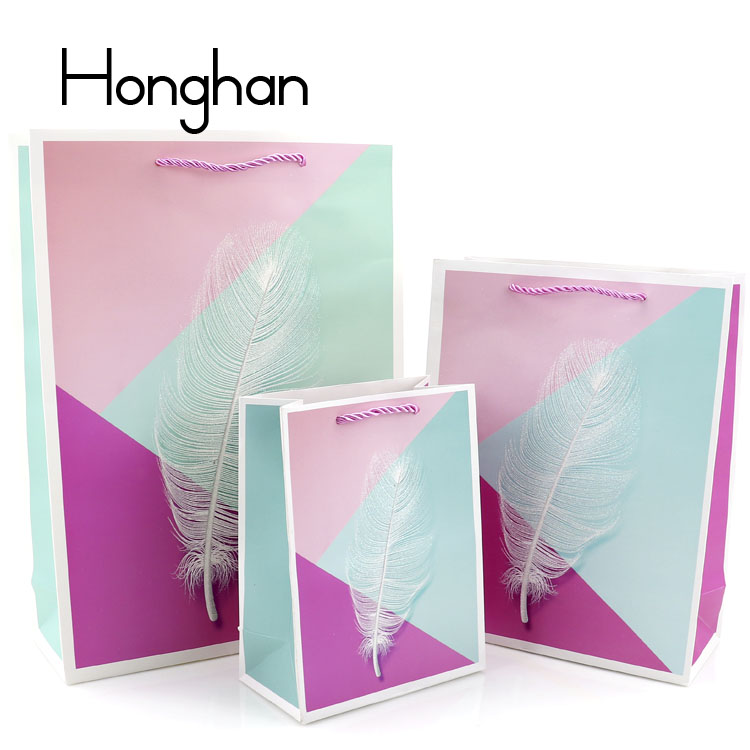 白卡  羽毛系列清新 手提袋 纸袋 单面闪粉子 gift bag 礼品袋详情图4