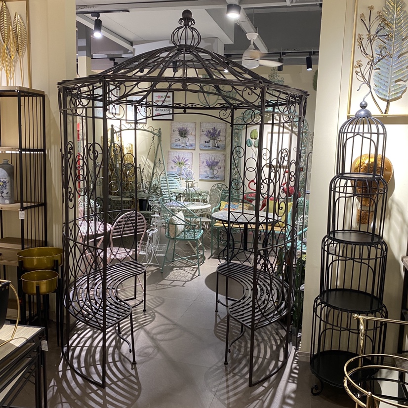 欧式乡村复古铁艺蒙古包花园拱门 庭院别墅花园爬藤架座椅凉亭产品图