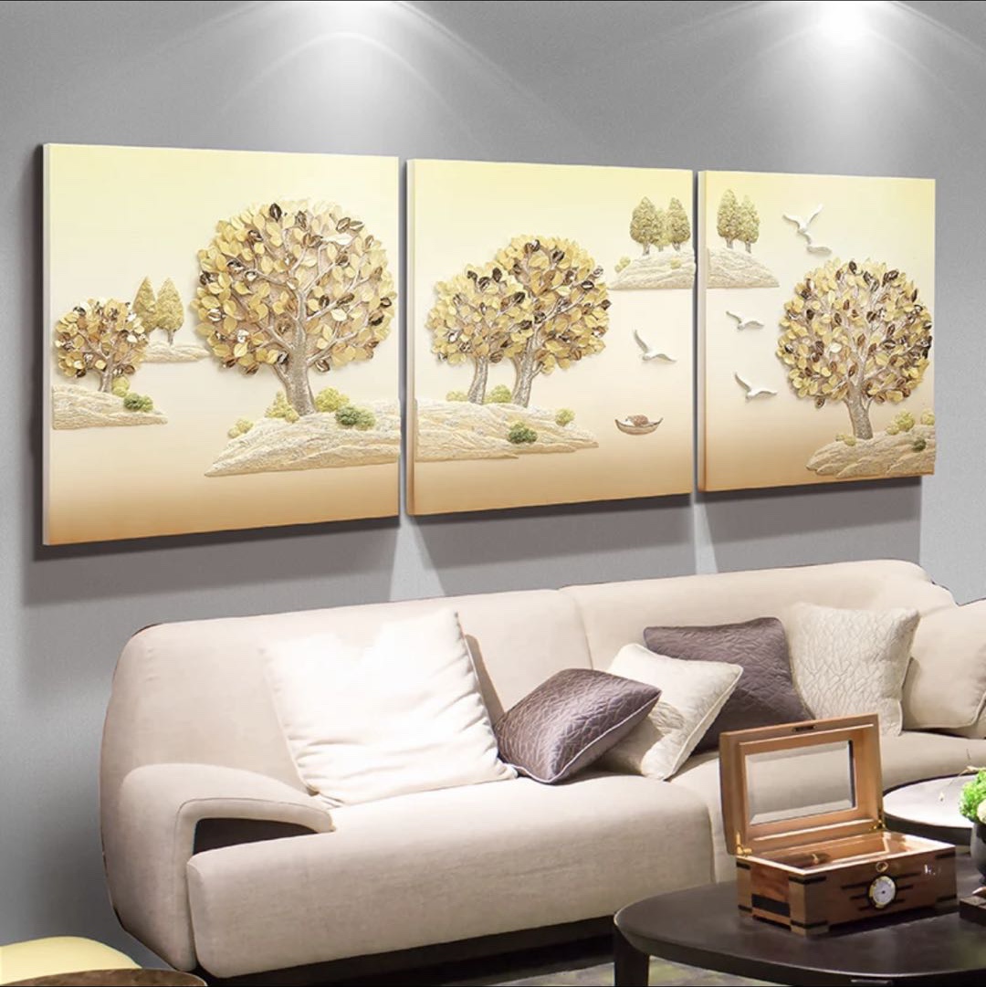 现代客厅简约浮雕装饰画植物装饰画沙发背景三联套画详情图8