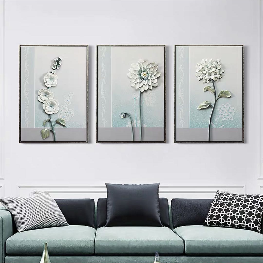 现代客厅简约浮雕装饰画植物装饰画沙发背景三联套画详情图7