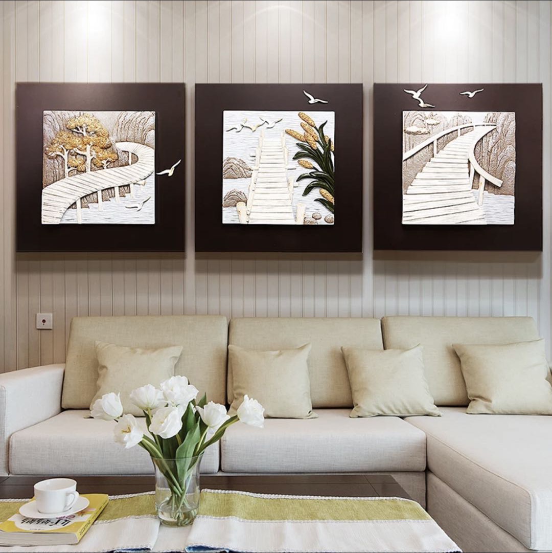 现代客厅简约浮雕装饰画植物装饰画沙发背景三联套画详情图6
