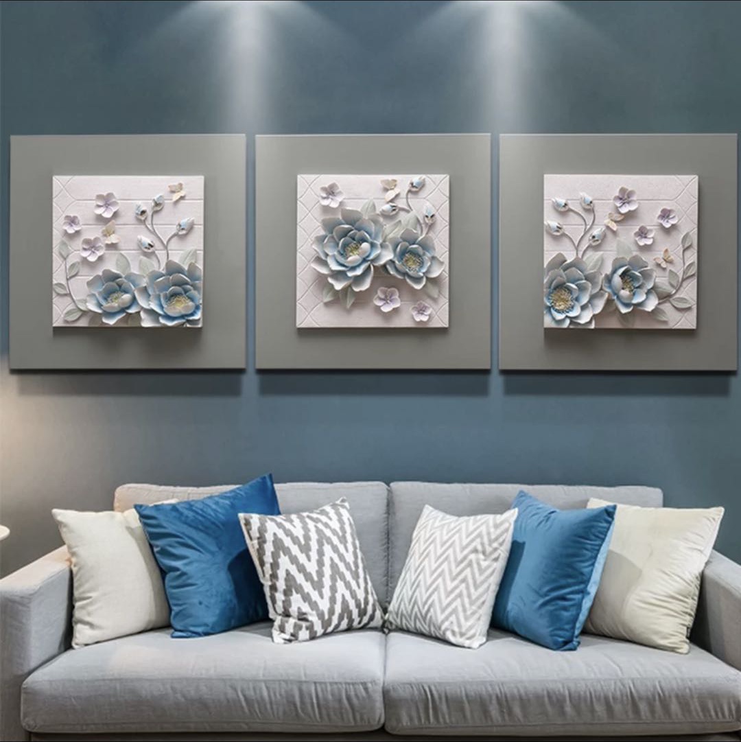现代客厅简约浮雕装饰画植物装饰画沙发背景三联套画