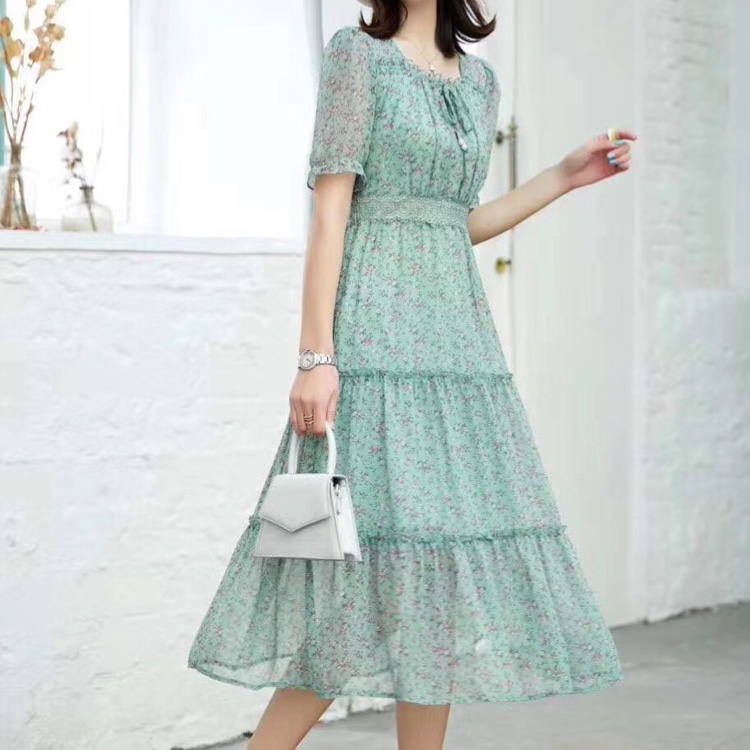 The new fashion slim chiffon short sleeve waist chiffon medium long dress thumbnail