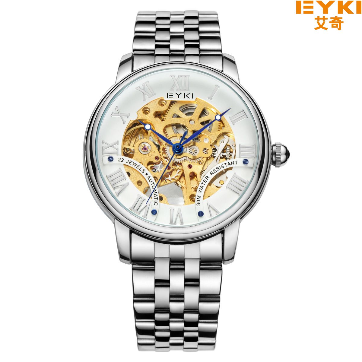 Yiwu buenos productos moda totalmente automático hueco hombre acero correa reloj mecánico EFL8880L