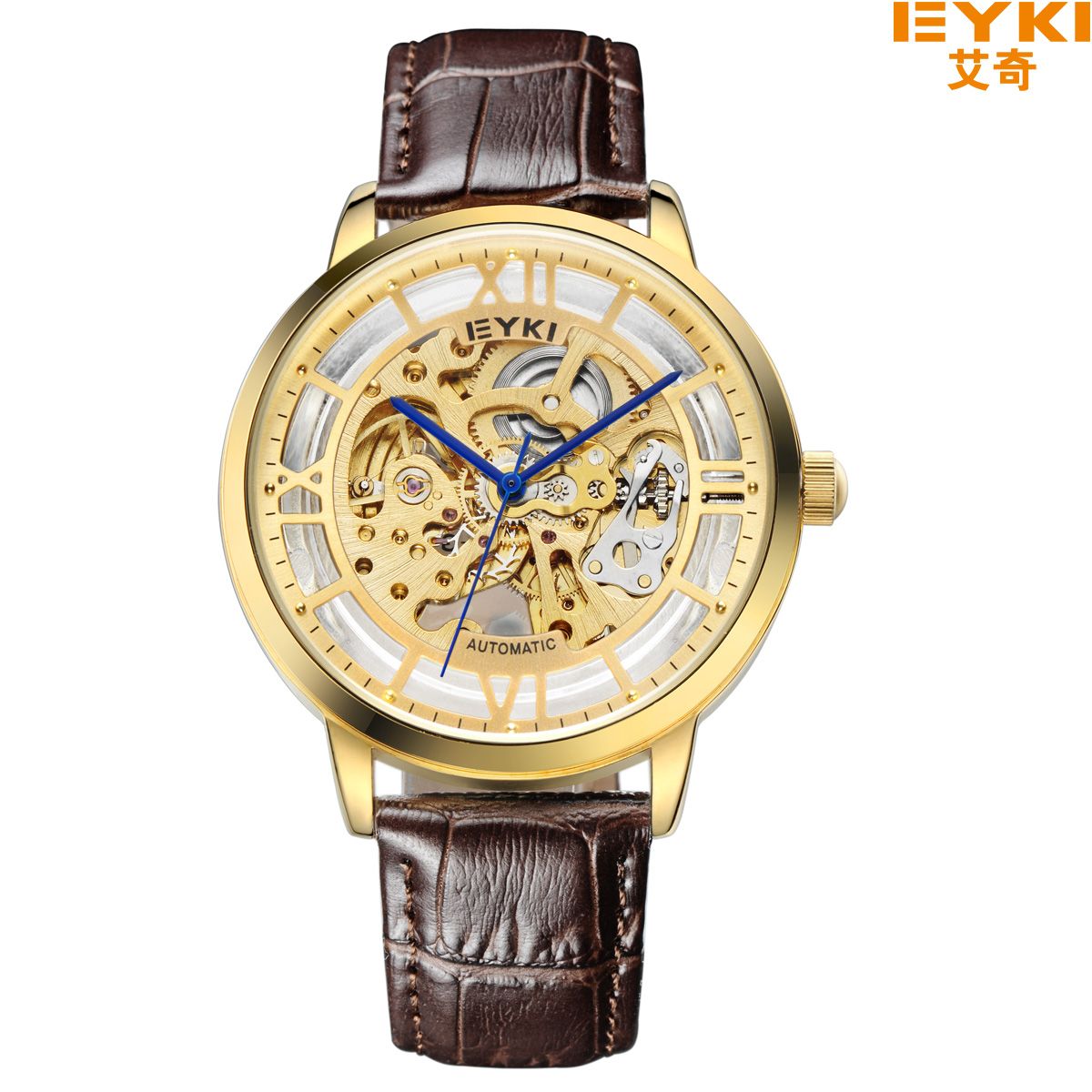 Yiwu Good Goods Fashion Fully automatic Skeleton Men's Belt Mechanical Watch EFL8882L details Picture