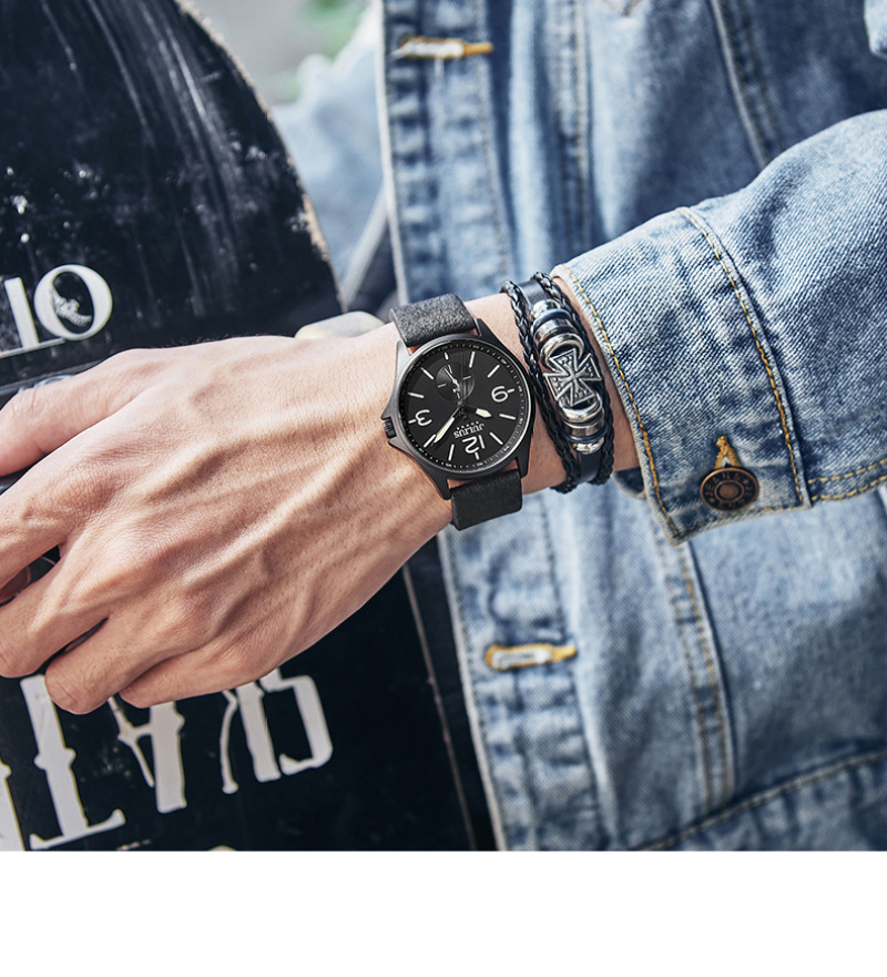 Yiwu Quality Korean version men's leather strap waterproof fashionable sports quartz watch JAH-110 detail image 3