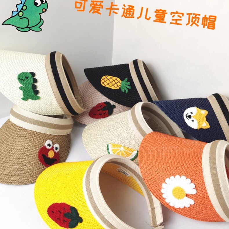 2020新款儿童空顶草帽韩版卡通透气防晒帽可爱遮阳帽发箍帽子手工花帽