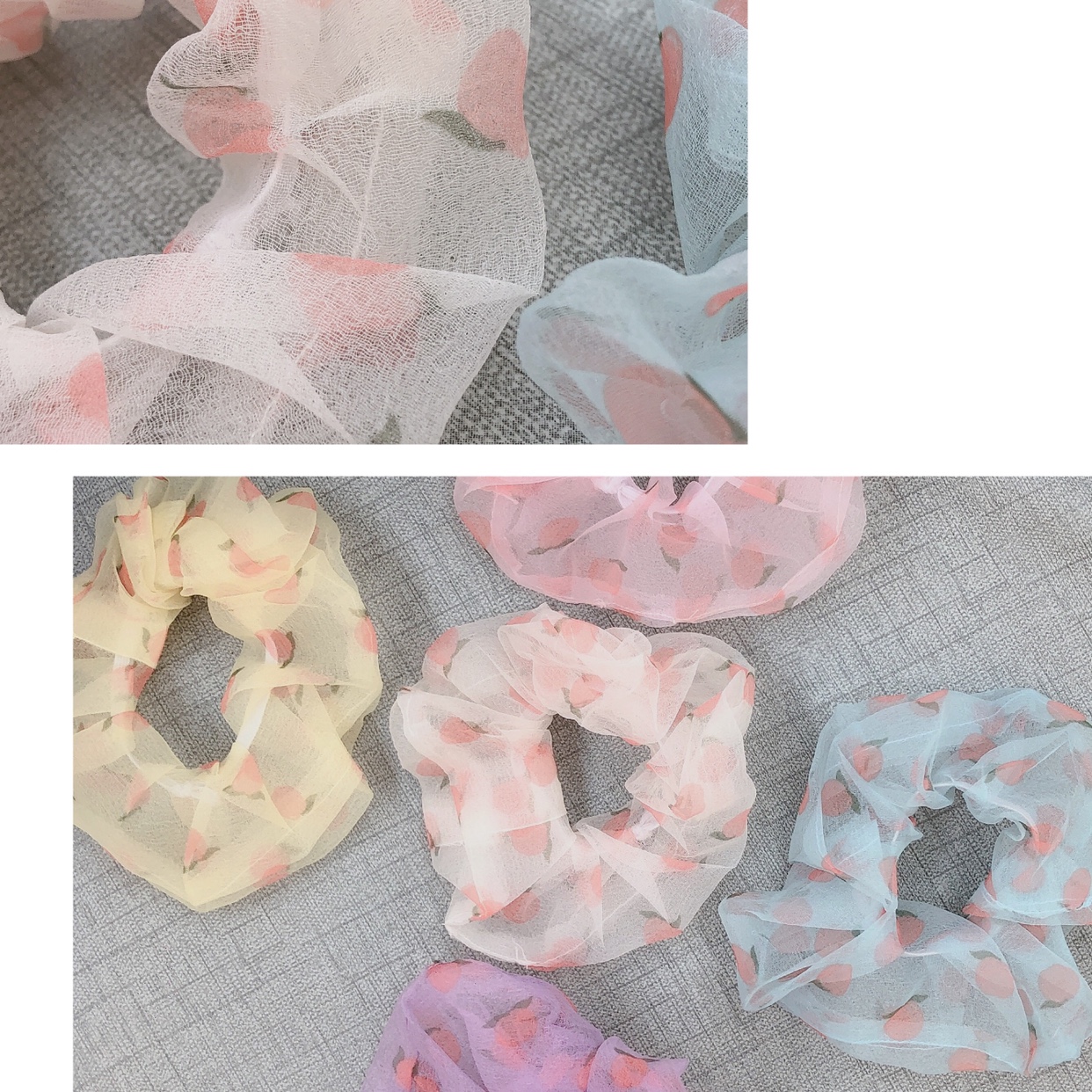 几禾｜少女泡泡纱水蜜桃欧根纱发圈发饰（50个起批）