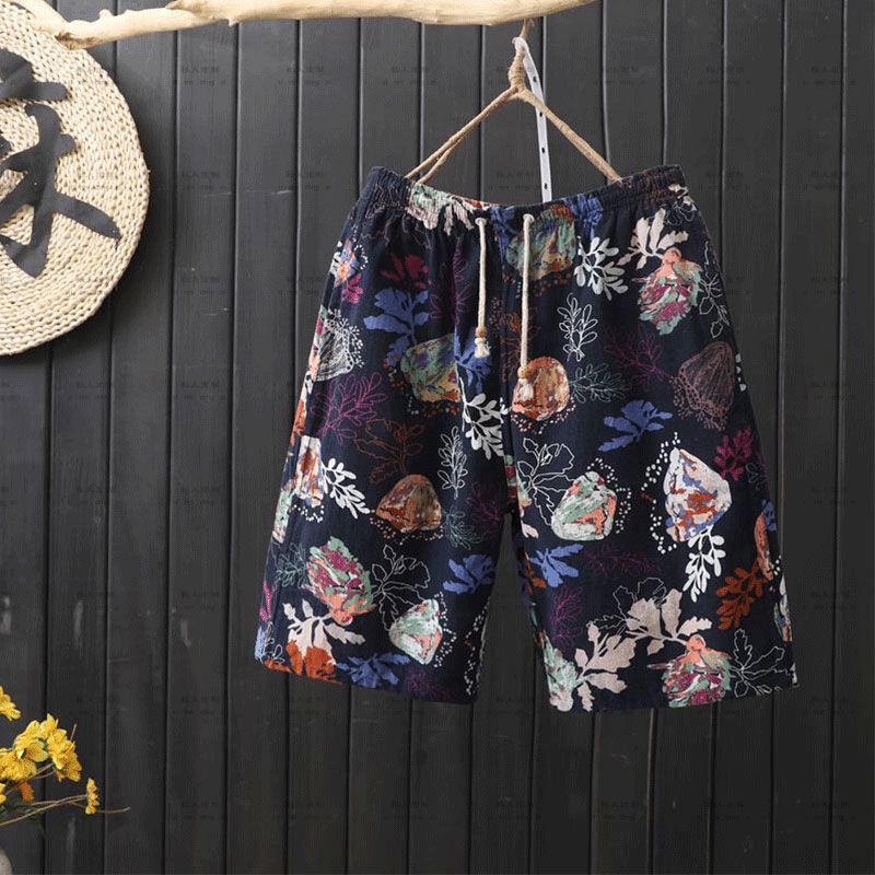 Cotton And Linen Five Quarter Pants Men's Summer Thin Chinese Style Casual Printed Shorts Outside The Home To Wear Loose Large Shorts