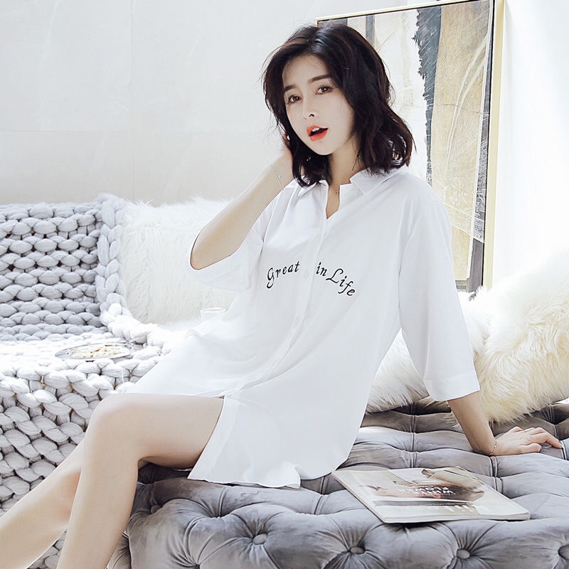 Summer Chiffon Pajamas Style Sexy Shirt Style Nightdress Women's Mid-Length Short-Sleeved Korean Version Long Skirt Loose Long Nightdress Specification drawing