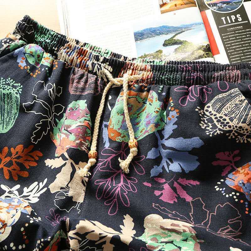 Cotton And Linen Five Quarter Pants Men's Summer Thin Chinese Style Casual Printed Shorts Outside The Home To Wear Loose Large Shorts details Picture