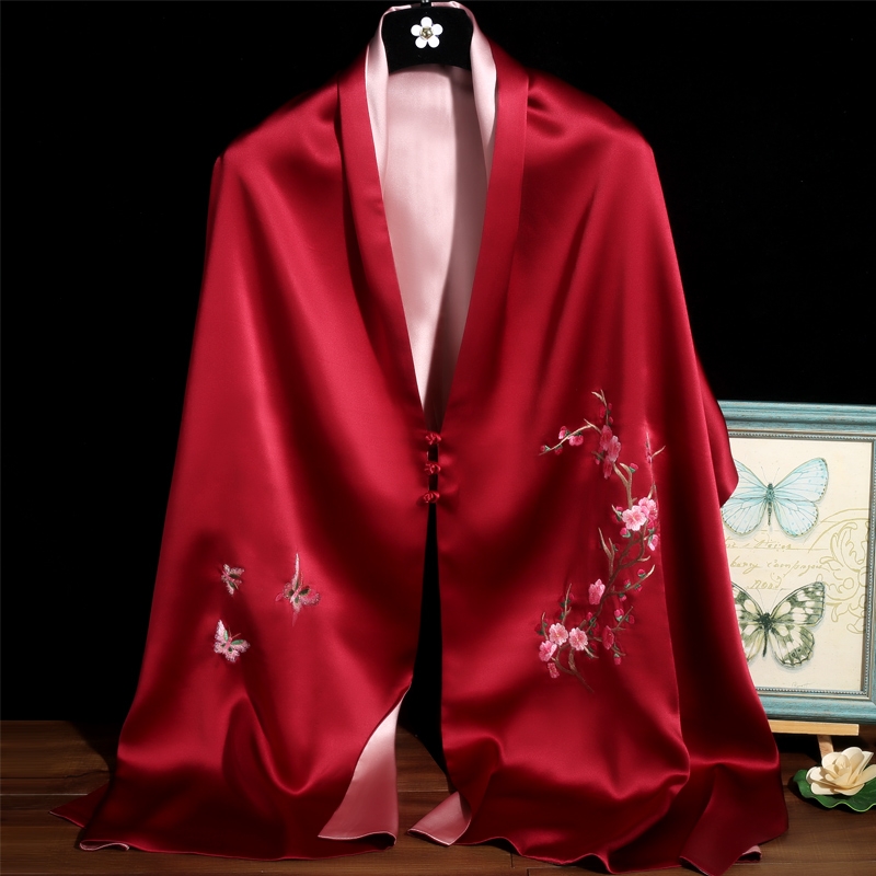 真丝披肩女丝巾春秋百搭盘扣丝绸旗袍礼服外搭妈妈苏绣桑蚕丝围巾
