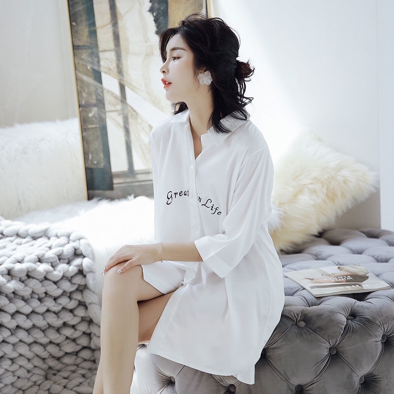 Summer Chiffon Pajamas Style Sexy Shirt Style Nightdress Women's Mid-Length Short-Sleeved Korean Version Long Skirt Loose Long Nightdress details Picture