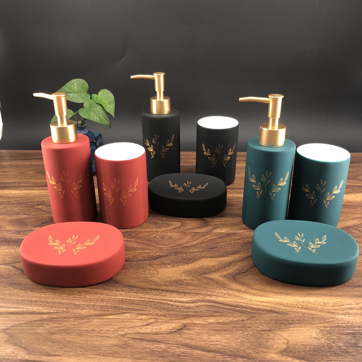 Ceramic toiletries 3-piece set, scrub rubber finish, hand sanitizer bottle thumbnail