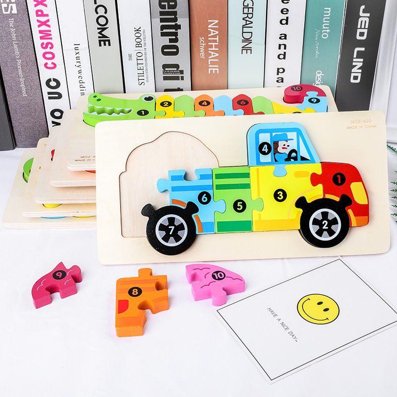 Yiwu quality Wooden large digital traffic animal three-dimensional jigsaw puzzle hand-grabbed board early education and intelligence toy