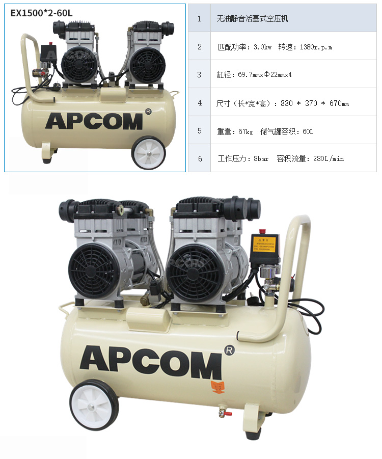 欧佩克静音空压机小型高压空气压缩机木工喷漆打气泵EX1500*2-60L详情图2