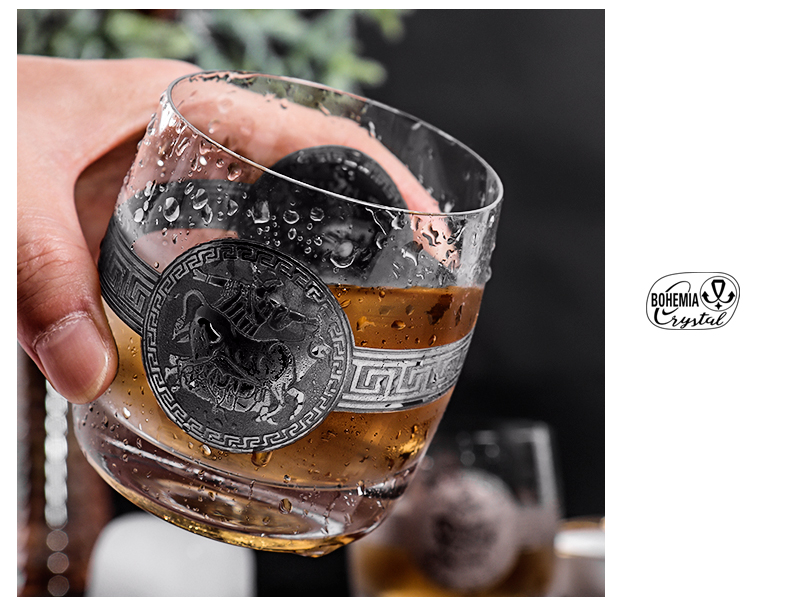 捷克进口水晶玻璃威士忌杯家用刻花描金欧式古典杯描银国色天香详情13