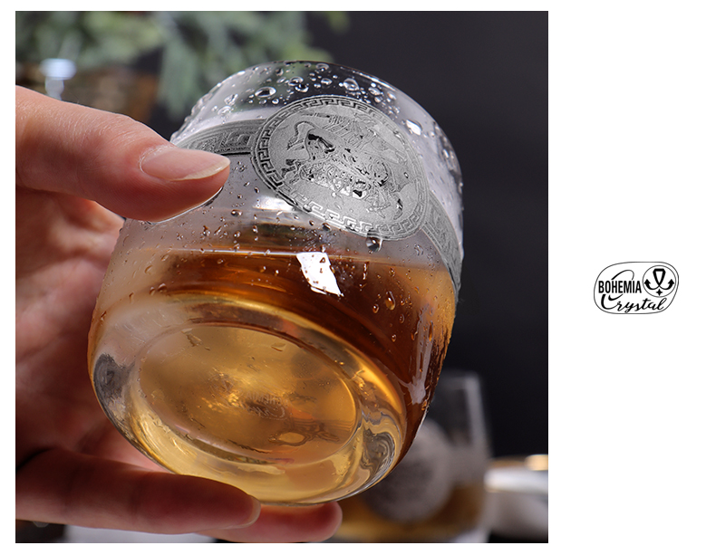 捷克进口水晶玻璃威士忌杯家用刻花描金欧式古典杯描银国色天香详情18