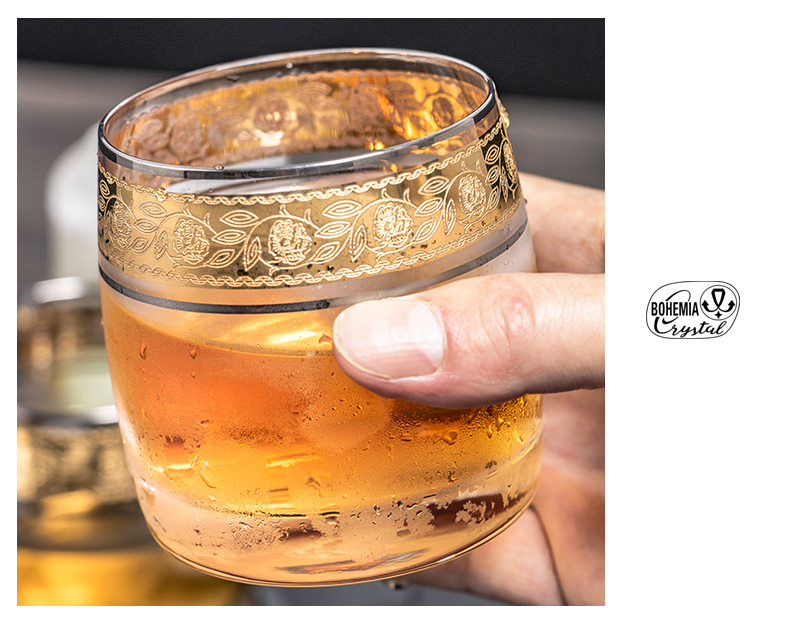 捷克进口水晶玻璃威士忌杯家用刻花描金欧式古典杯描国色天香详情18
