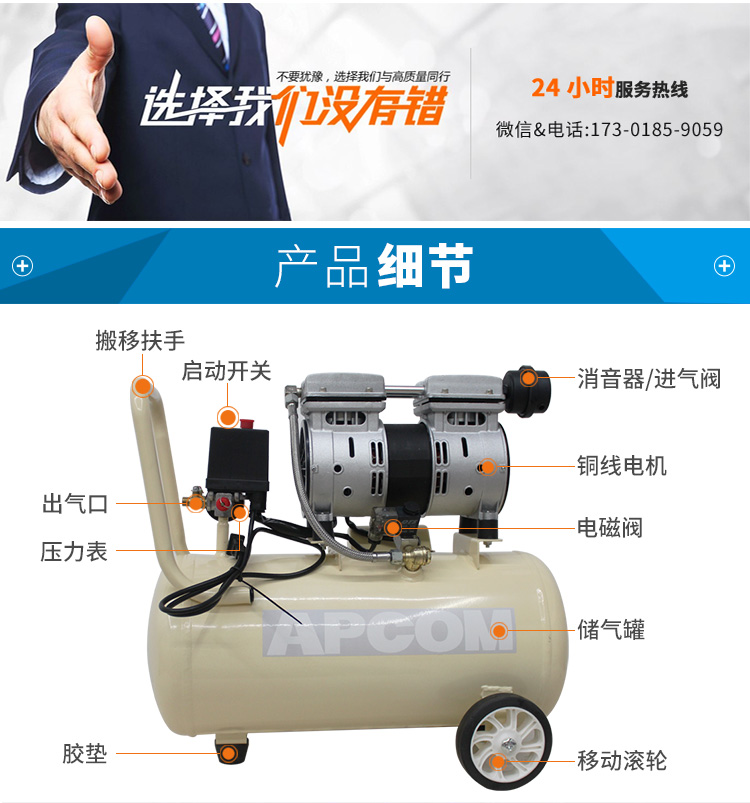 欧佩克静音空压机小型高压空气压缩机木工喷漆打气EX1500*4-160L详情图5