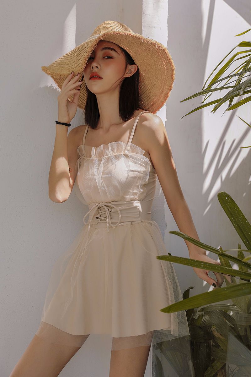 South Korean Small Fragrant Wind Short Sleeve Sleeve Sexy Conservative Hot Spring Thin Cover Belly One-Piece Swimsuit Woman Specification drawing