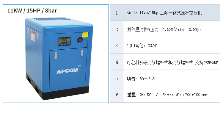 الضاغطة الهواء SD11 الموفرة للكهرباء والمضاغط الهواء SD11 في المكبس الهوائي 15HP HP الذي يوفر الطاقة، وهو مكبس هوائي من طراز الأوبك 11KW يعمل بالتردد الترددي detail image 2