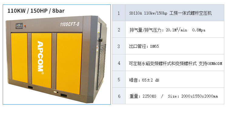 Opec 110kw fixed-frequency screw air compressor 150hp energy-saving and power-saving integrated air compressor SD110 detail image 2