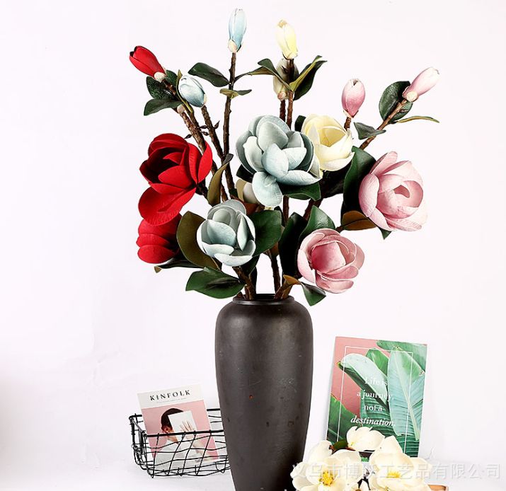 Yiwu Quality 4-head PU magnolia tree high-quality artificial flowers, high-end artificial magnolia home decoration artificial flowers details Picture