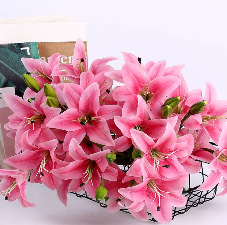 Yiwu Good goods 5-prong 12-head small tiger lily high-quality artificial lily, artificial flower handle bouquet lily