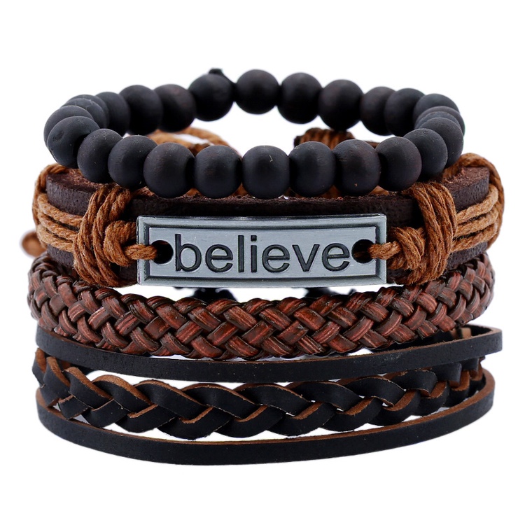 Cross-border hot style accessories believe suit men's cowhide bracelet with vintage woven diy leather bracelet thumbnail