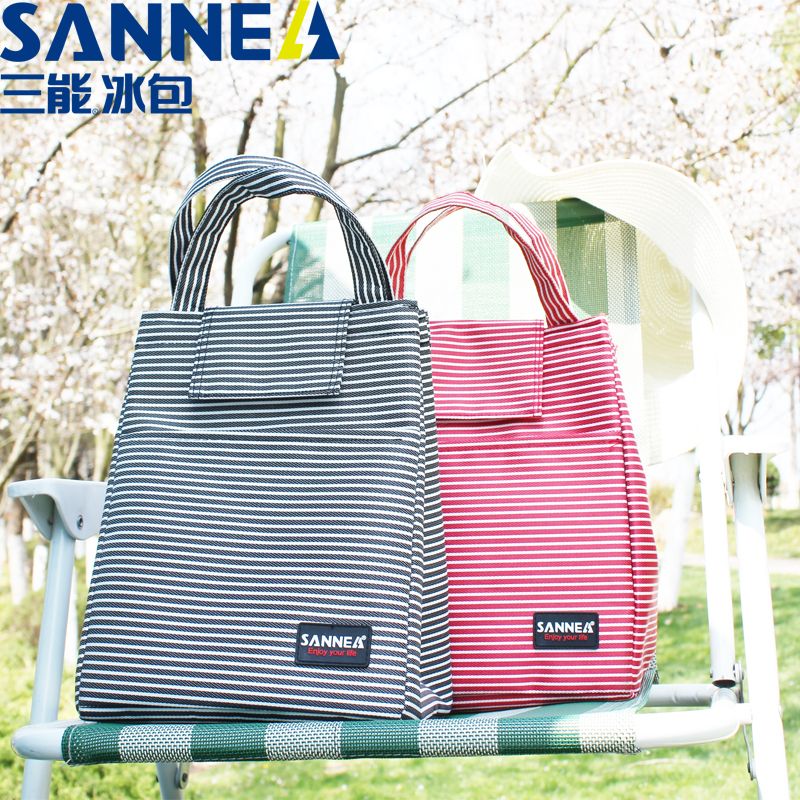 9L手提蛋糕包 黑白条纹铝膜便当保温包 魔术贴保温冰包学生野餐包白底实物图