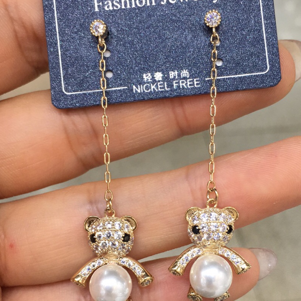 Zircon microscope bear 🐻 pearl earrings long earrings